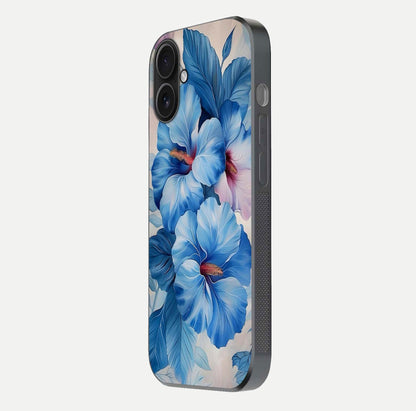 Ocean Hibiscus Grace Glass Case for iPhone 16 side-angle image showing smooth texture and hibiscus details