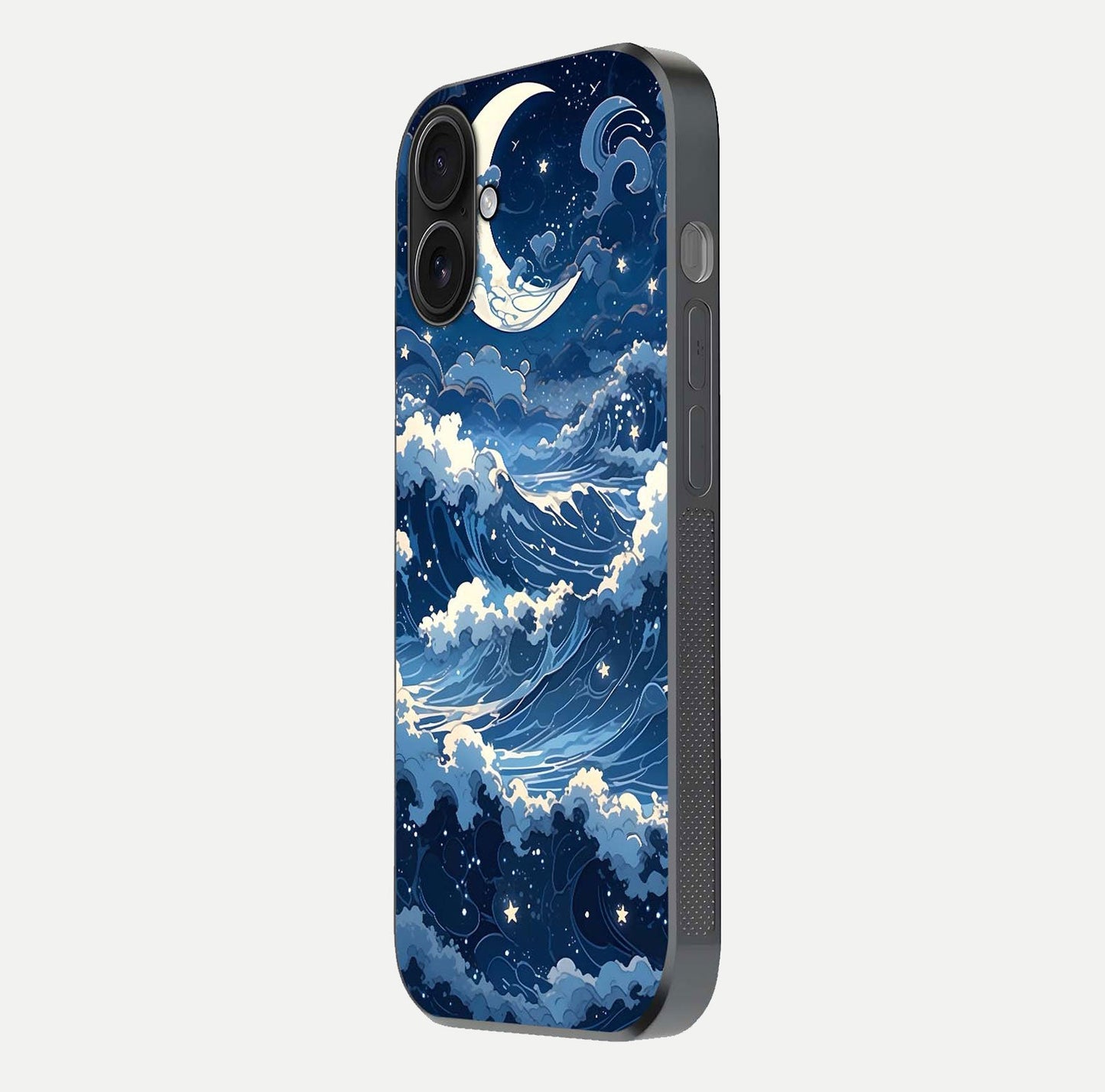 Ocean Moon Waves Glass Case for iPhone 16 side-angle image showing shine and ocean gradient tones
