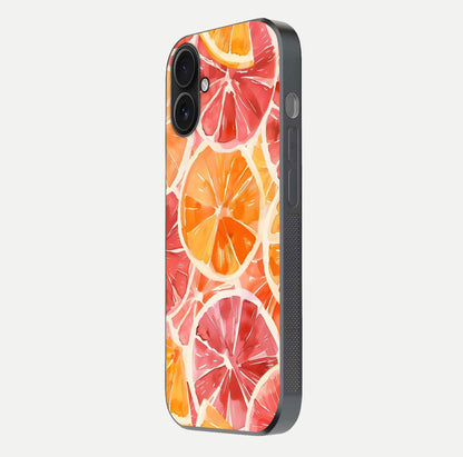 Orange Fruits Pattern Glass Case for iPhone 16 side-angle image showing glossy shine and citrus pattern