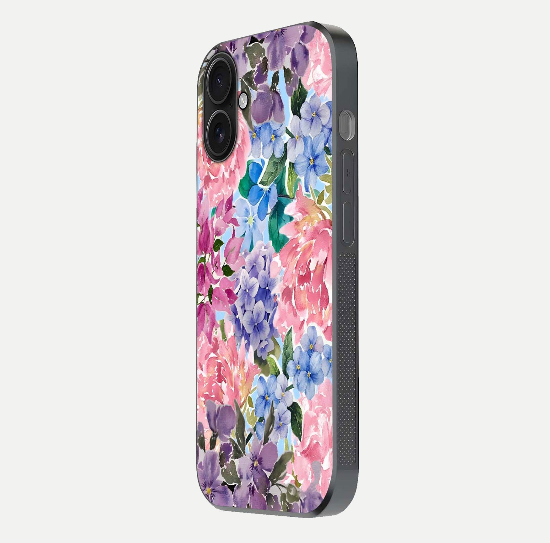 Pastel Floral Mix Glass Case for iPhone 16 side-angle image showing reflection and delicate pastel hues