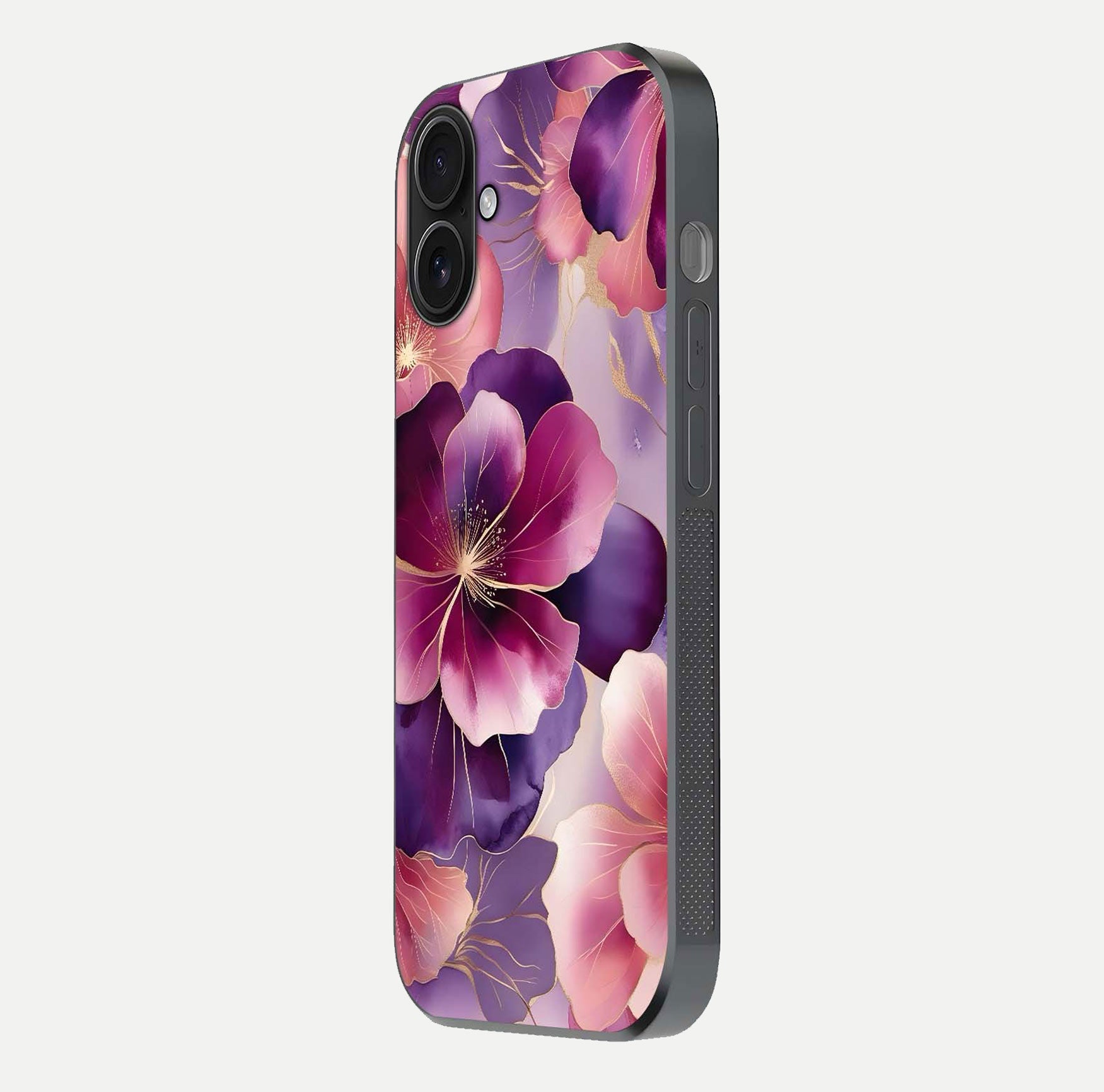 Pink Bouquet Florals Glass Case for iPhone 16 side-angle image showing floral texture and reflection clarity