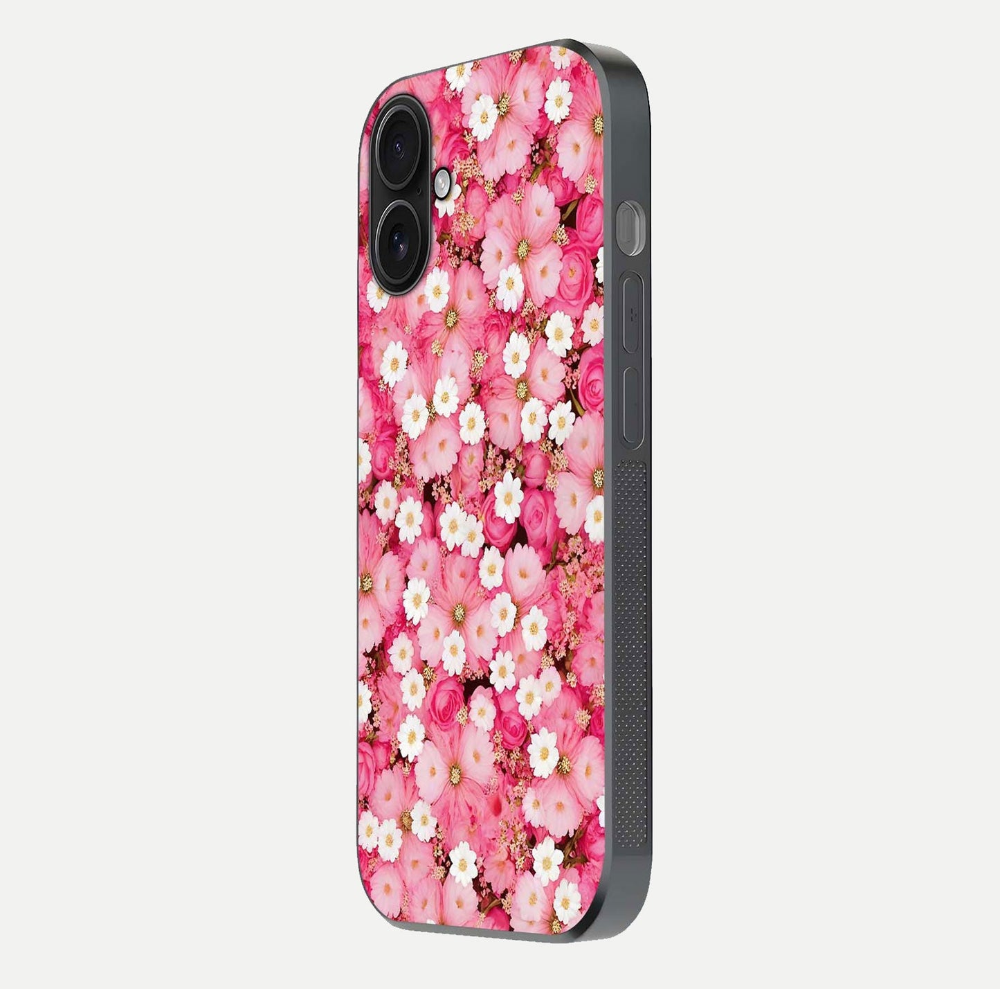 Pink Daisy Bliss Glass Case for iPhone 16 side-angle image showing delicate daisy pattern and glass reflection