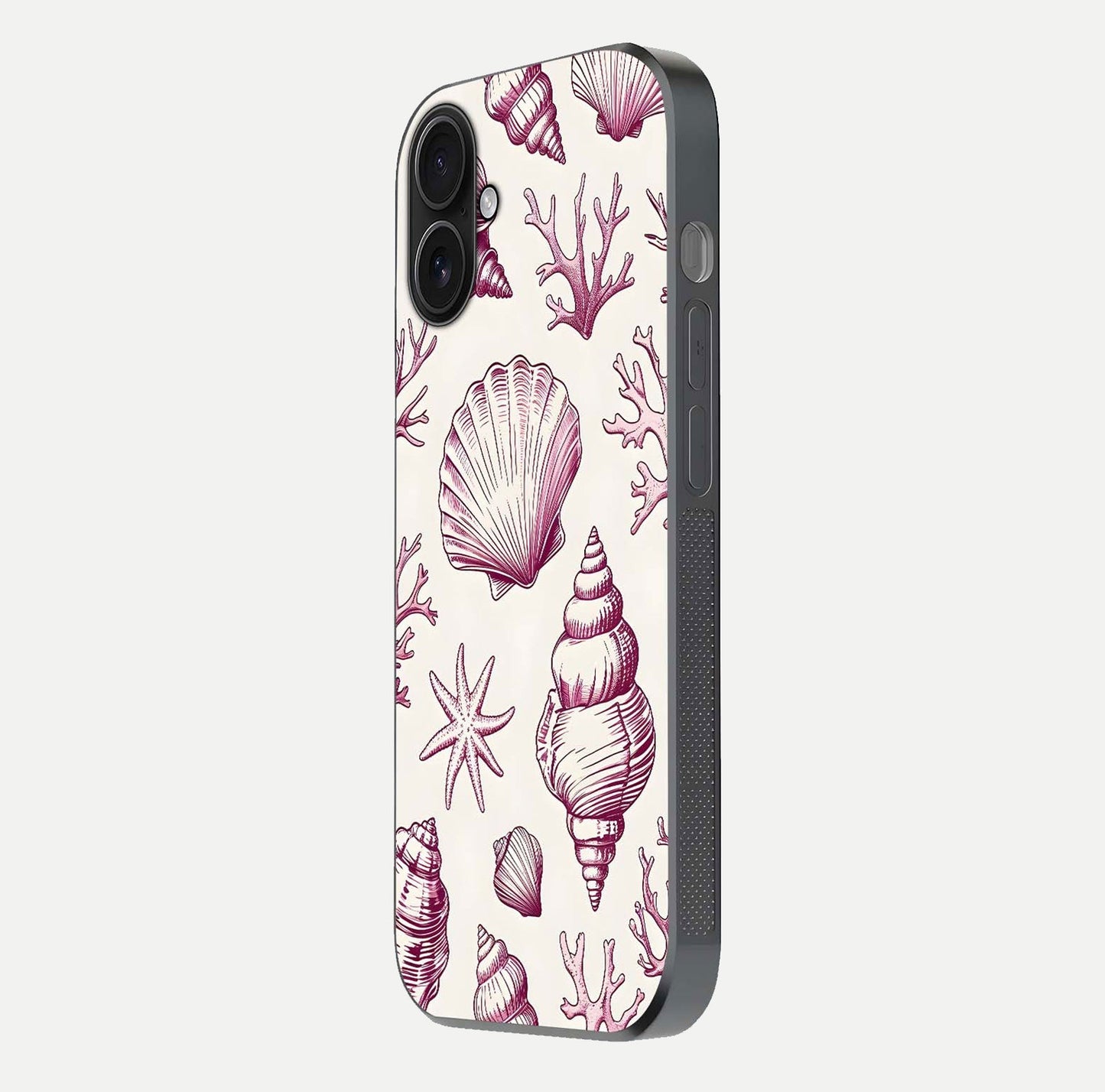 Pink Shells Outline Glass Case for iPhone 16 side-angle image showing shine and intricate outline texture
