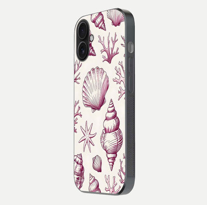 Pink Shells Outline Glass Case for iPhone 16 side-angle image showing shine and intricate outline texture