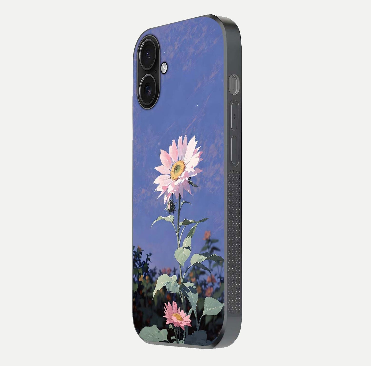 Pink Sunflower Glow Glass Case for iPhone 16 side-angle image showing glossy edges and vivid sunflower tones
