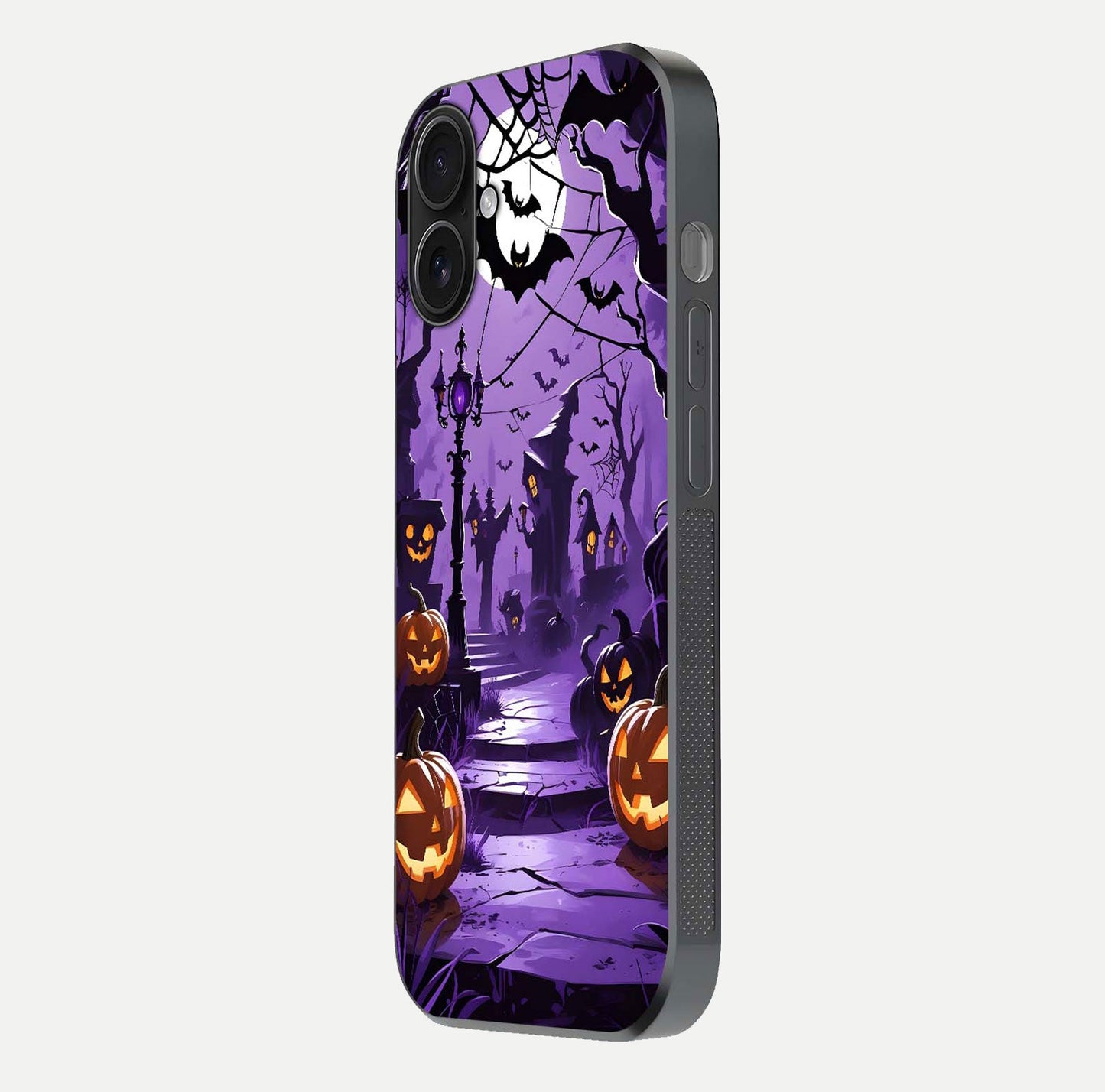 Pumpkin Patch Halloween Glass Case for iPhone 16 side-angle image showing shine, camera cutout, and spooky art