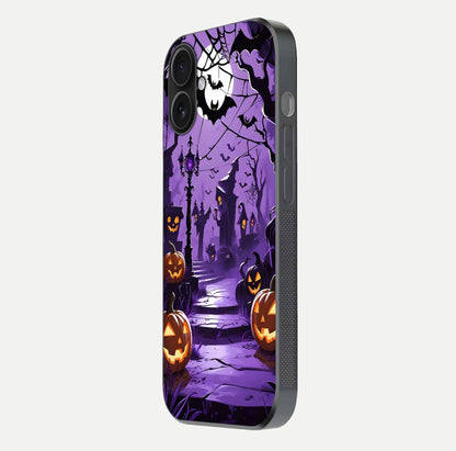 Pumpkin Patch Halloween Glass Case for iPhone 16 side-angle image showing shine, camera cutout, and spooky art