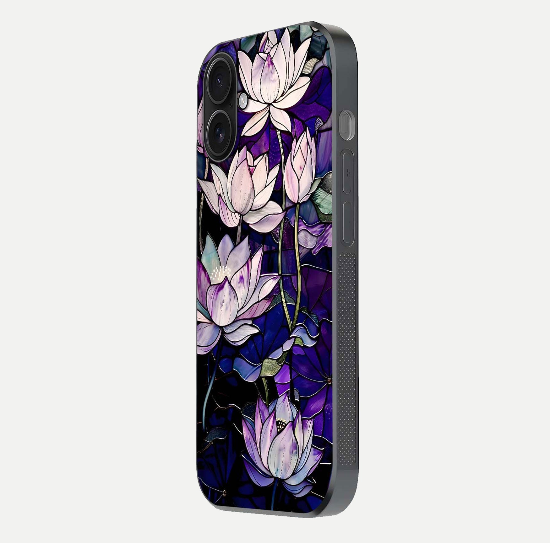 Purple Lotus Pattern Glass Case for iPhone 16 side-angle image showing reflection depth and lotus detail