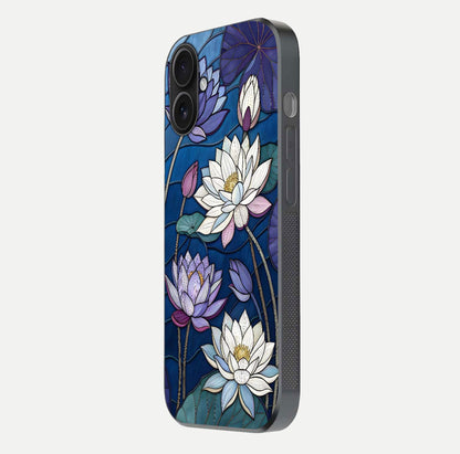 Purple Lotus Stained Glass Case for iPhone 16 side-angle image showing gloss, reflection, and intricate detailing