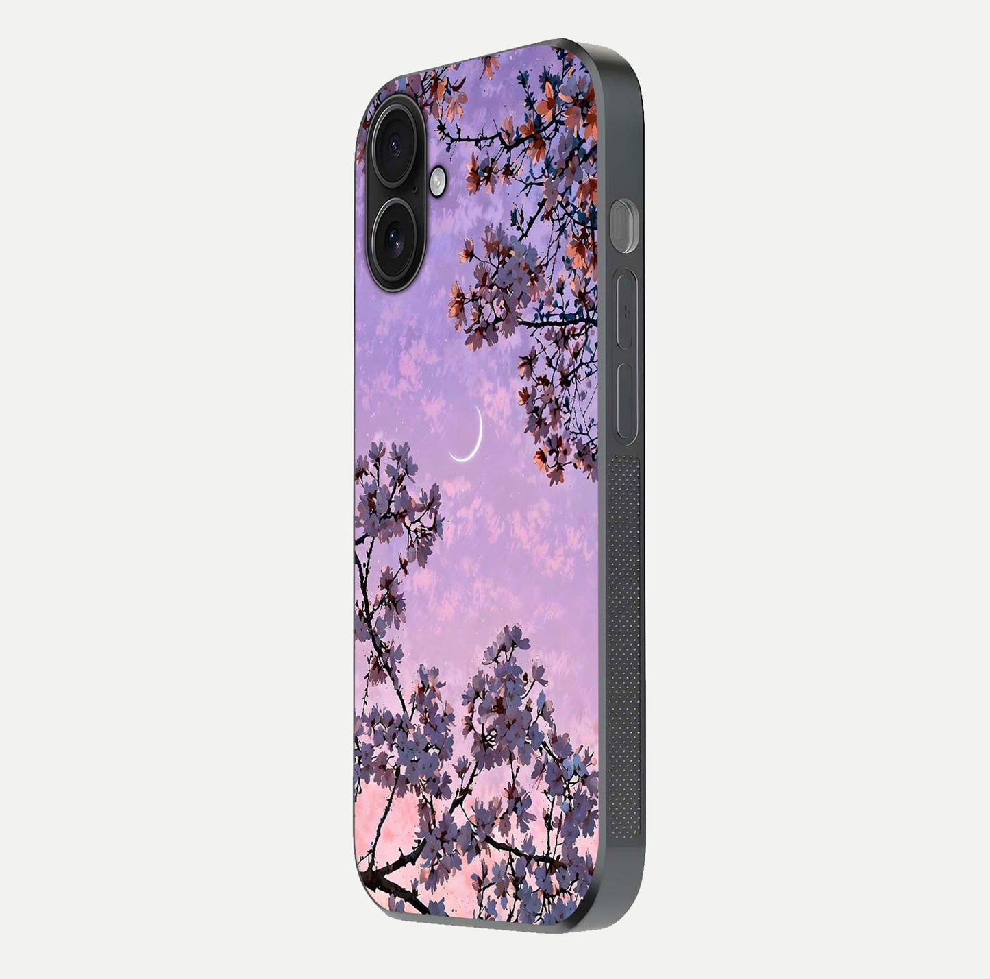 Purple Serenity Moon Glass Case for iPhone 16 side-angle image showing reflection and lunar art precision