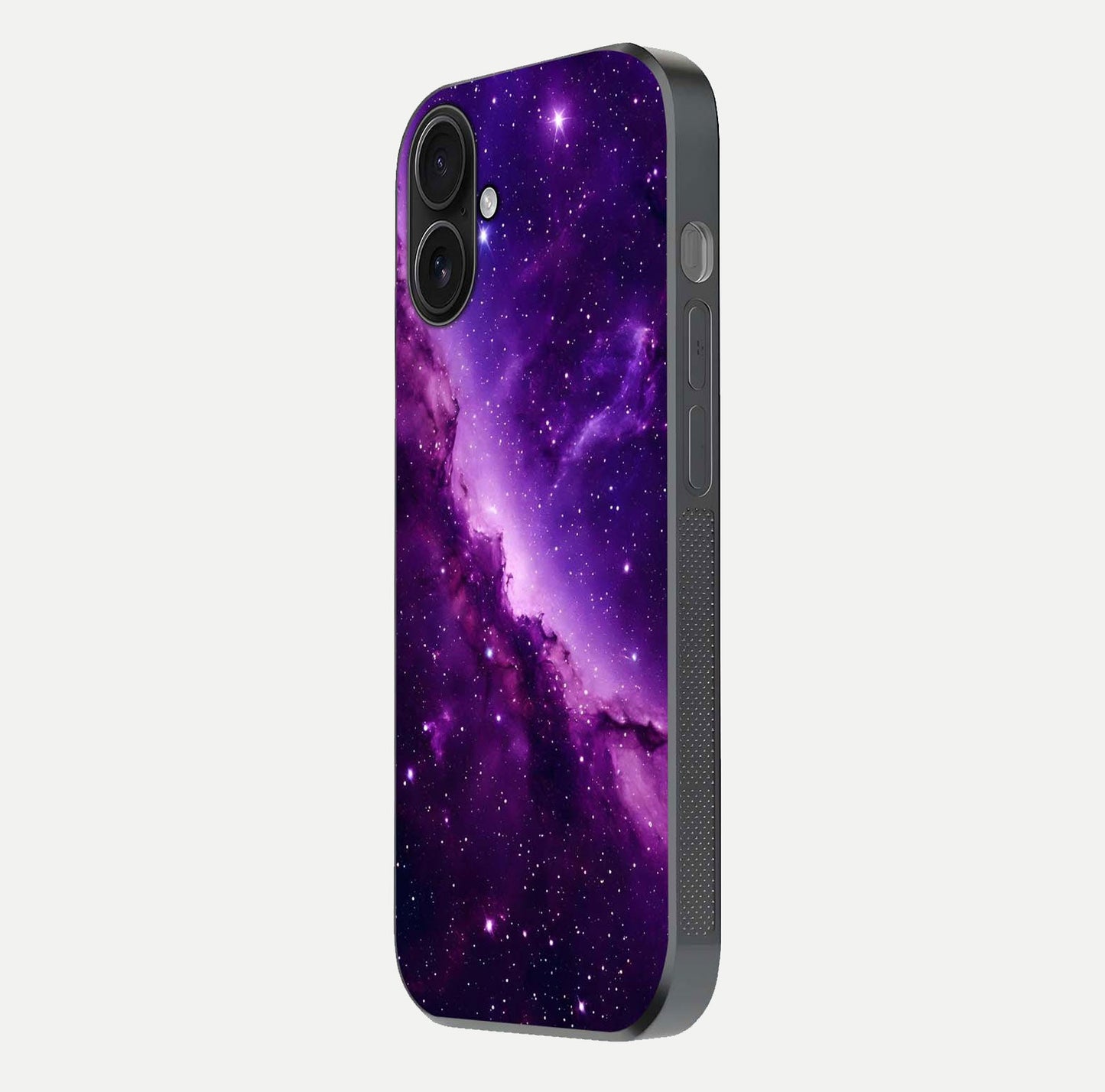 Purple Shade Sky Glass Case for iPhone 16 side-angle image showing shine and soft violet blend