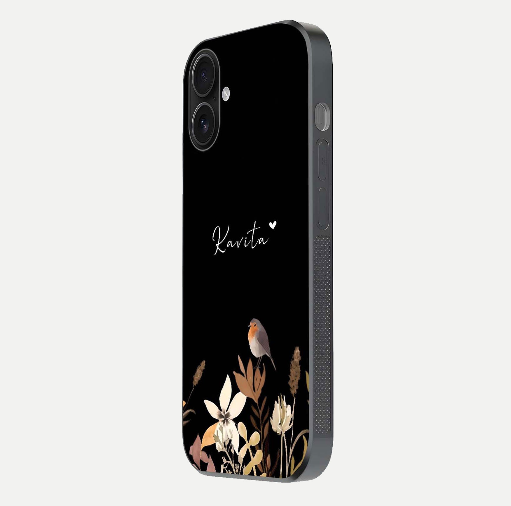 Quiet Garden Tune Custom Name Glass Case for iPhone 16 side-angle image showing reflection and floral design
