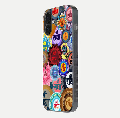 Radha Divine Bloom Glass Case for iPhone 16 side-angle image showing shine, reflection, and floral motif