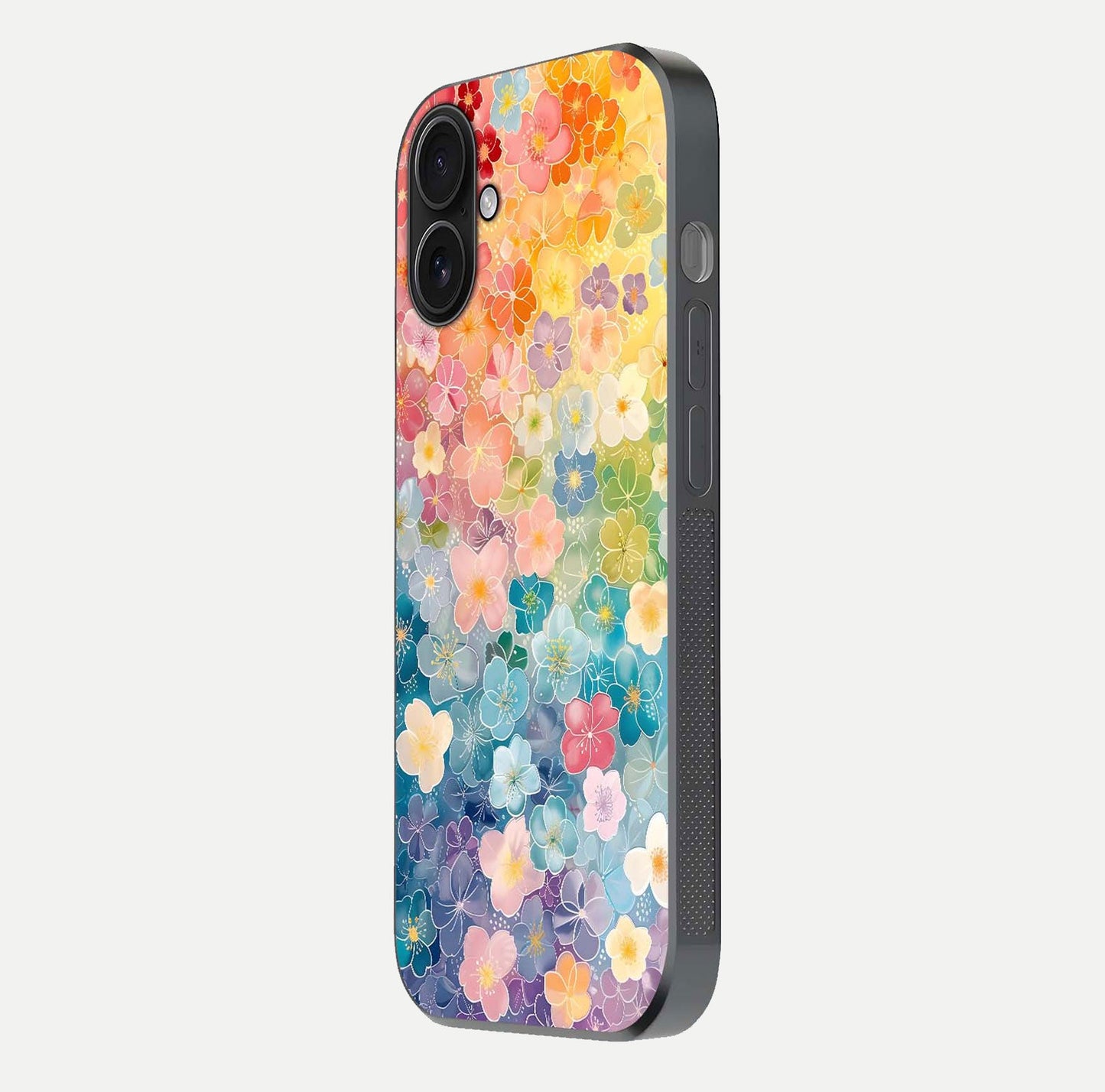 Rainbow Blossom Burst Glass Case for iPhone 16 side-angle image showing reflection and floral burst detail