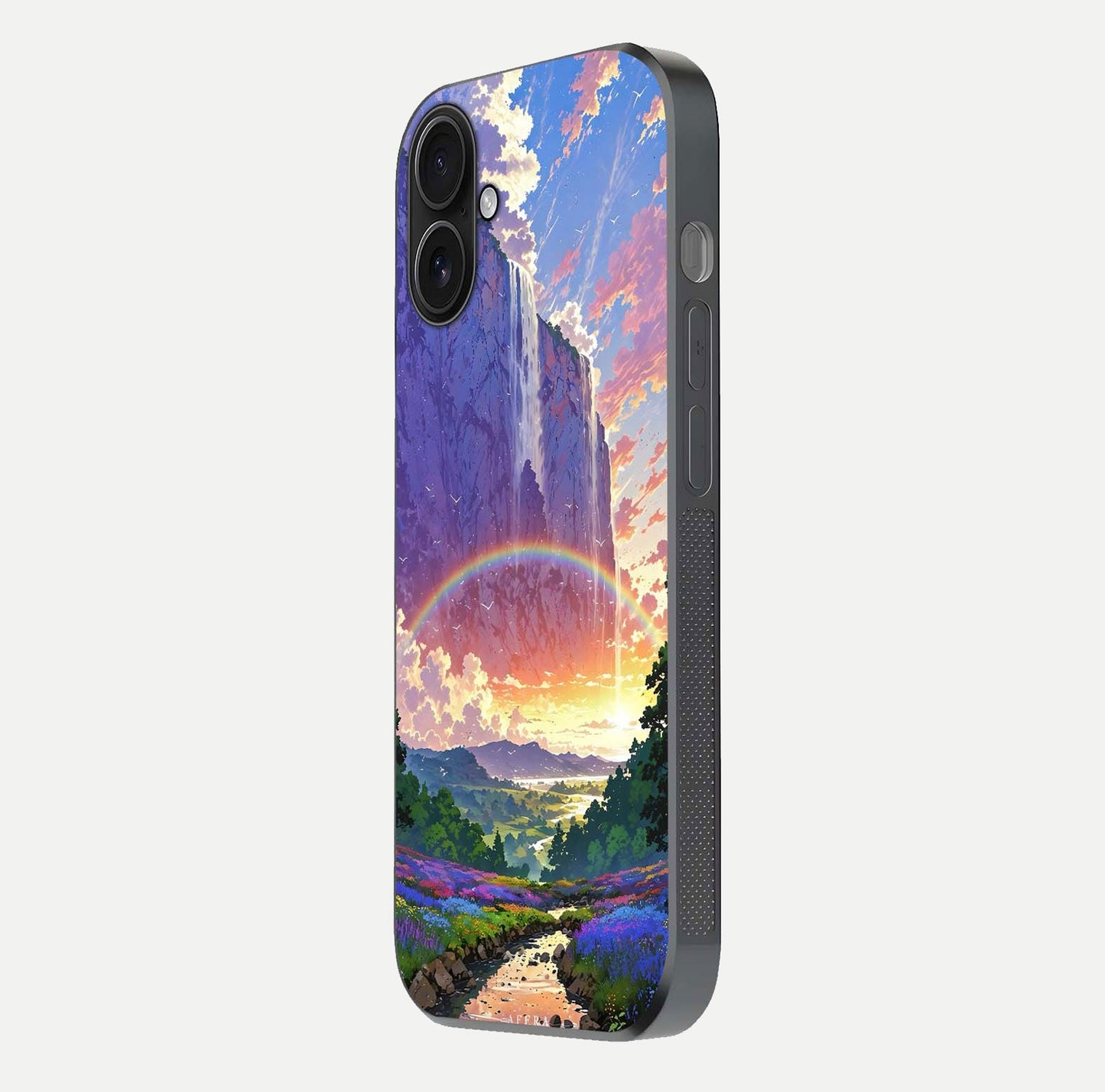 Rainbow Valley Dream Glass Case for iPhone 16 side-angle image showing light reflection and scenic tones