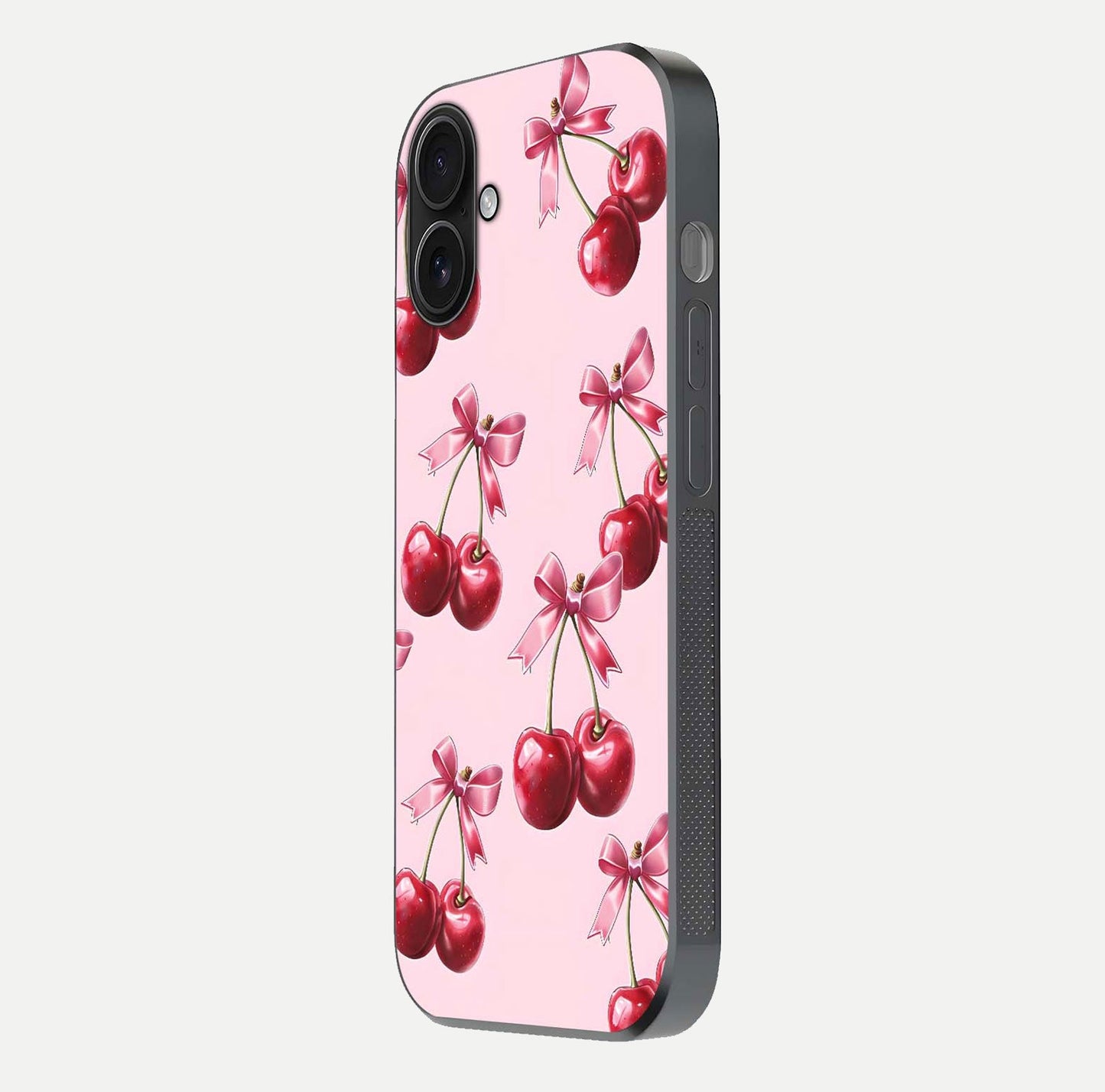 Red Cherries Pattern Glass Case for iPhone 16 side-angle image showing gloss surface and cherry details