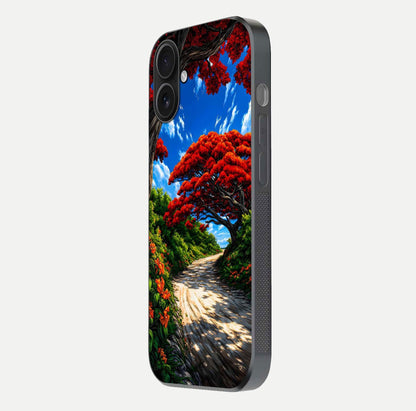Red Trees Pathway Glass Case for iPhone 16 side-angle image showing reflection and autumn vibe