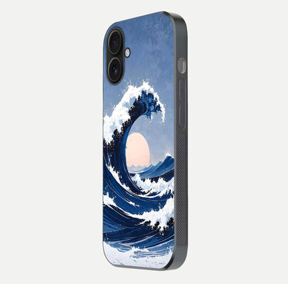 Rising Tide Power Glass Case for iPhone 16 side-angle image showing shine and detailed ocean art