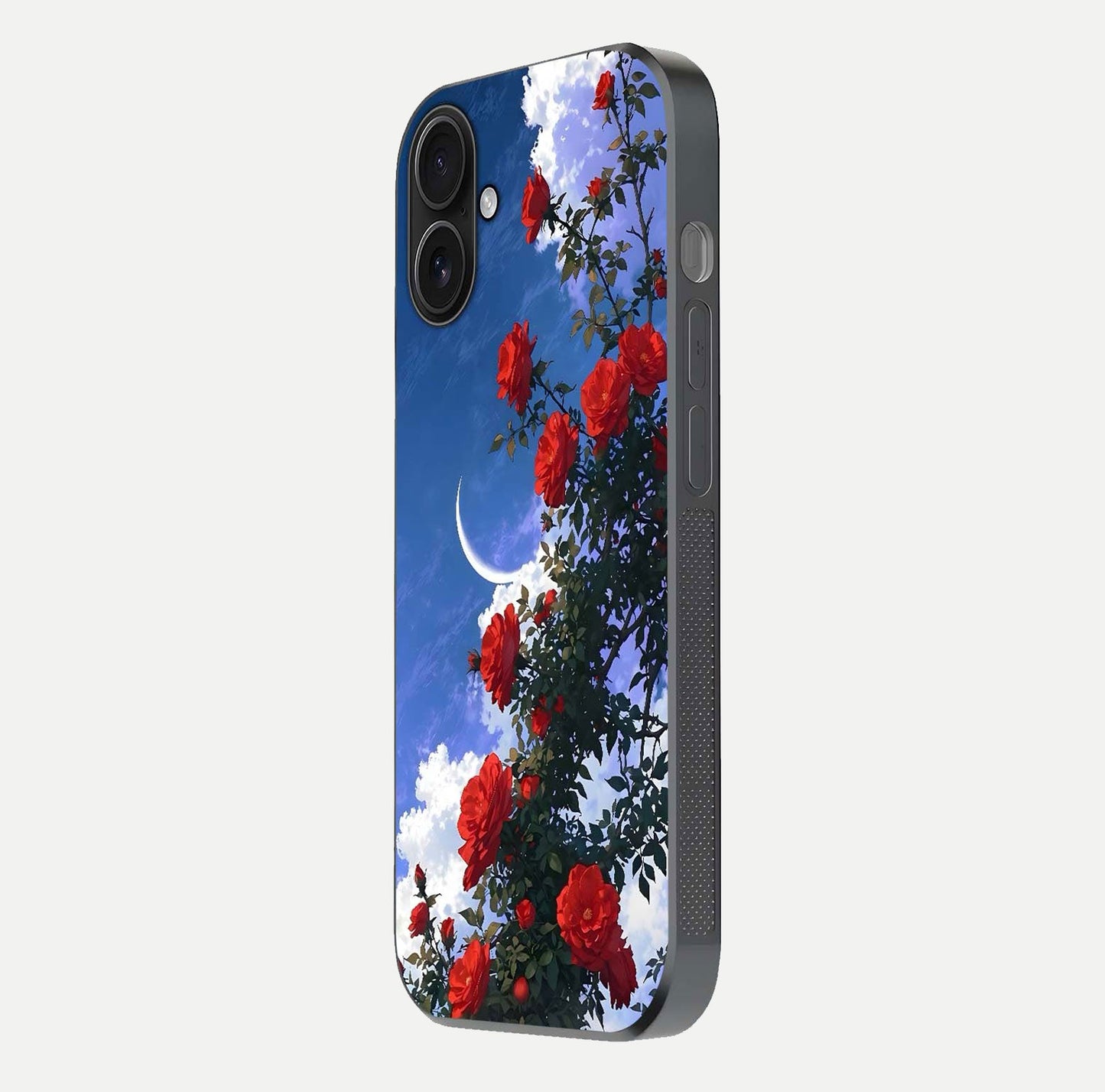 Rose Drift Flowers Glass Case for iPhone 16 side-angle image showing reflection and petal detail