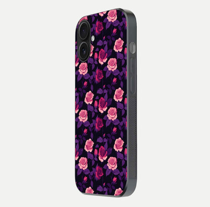 Rose Garden Twilight Glass Case for iPhone 16 side-angle image showing reflection, gloss, and floral detail