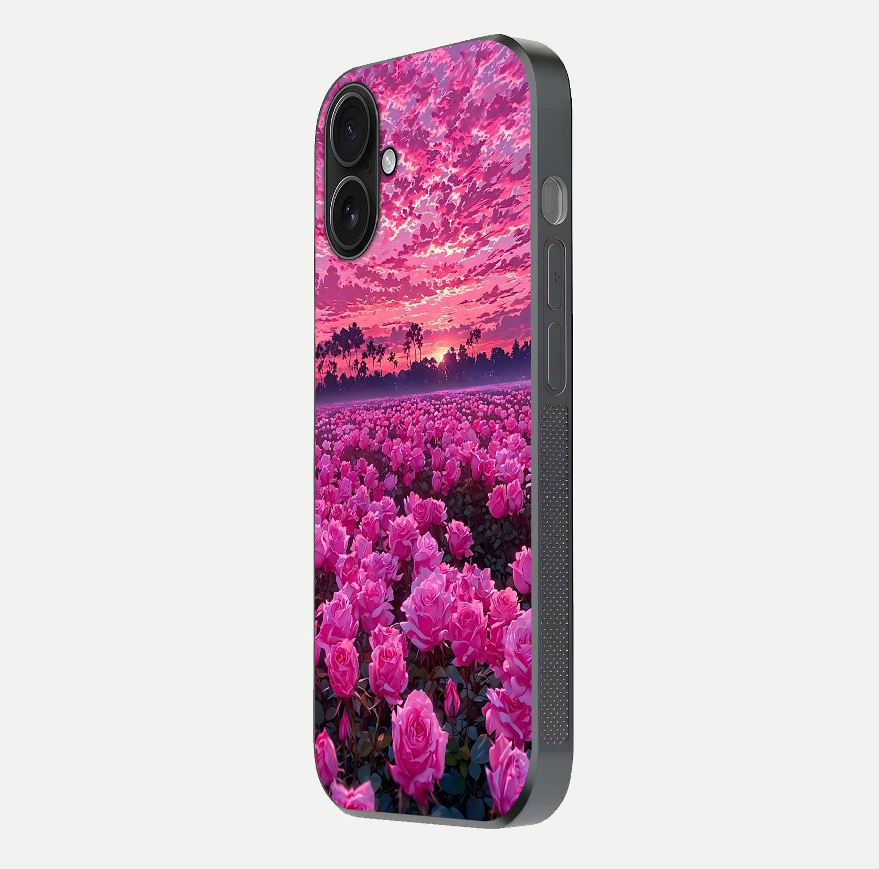 Rose Sunset Valley Glass Case for iPhone 16 side-angle image showing smooth edges and floral glow