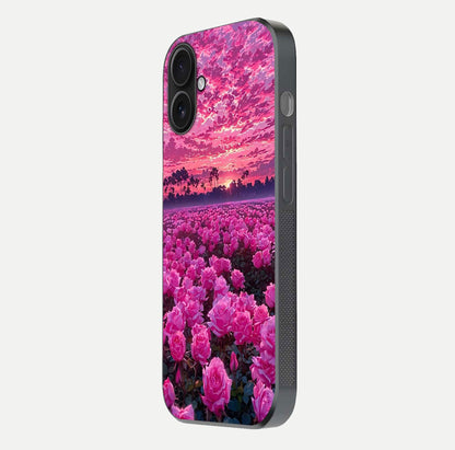 Rose Sunset Valley Glass Case for iPhone 16 side-angle image showing smooth edges and floral glow