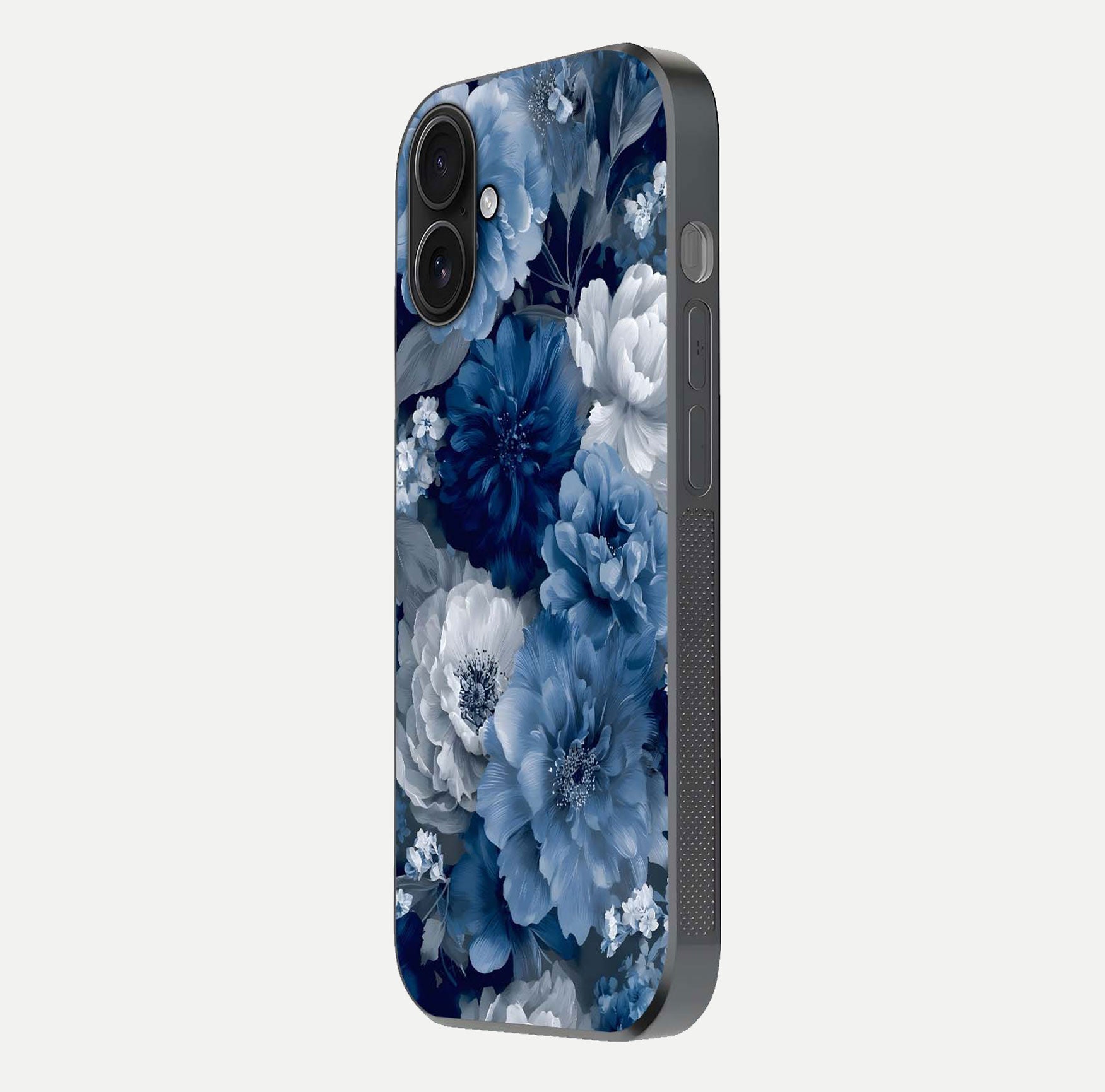 Royal Bloom Garden Glass Case for iPhone 16 side-angle image showing floral pattern, edges, and reflection