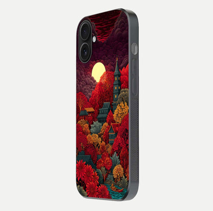 Scarlet Autumn Temple Glass Case for iPhone 16 side-angle image showing color depth and reflection clarity
