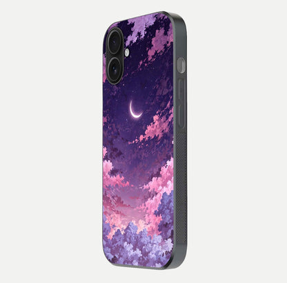 Sky Drift Clouds Glass Case for iPhone 16 side-angle image showing reflection, blue tones, and soft gradient