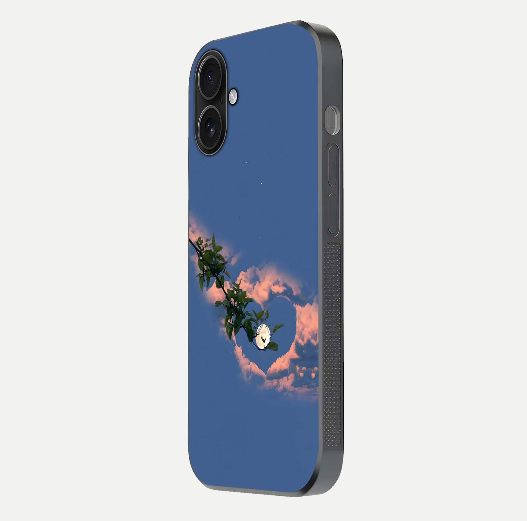 Sky Under Tree Glass Case for iPhone 16 side-angle image showing shine, edge texture, and scenic detail