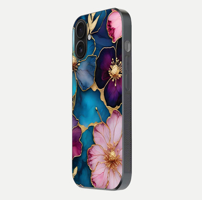 Sparkle Floral Glass Case for iPhone 16 side-angle image showing reflection, gloss, and floral texture