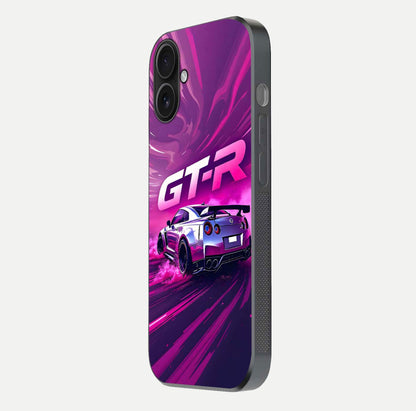 Speed Drift Legend Glass Case for iPhone 16 side-angle image showing car print reflection and surface gloss