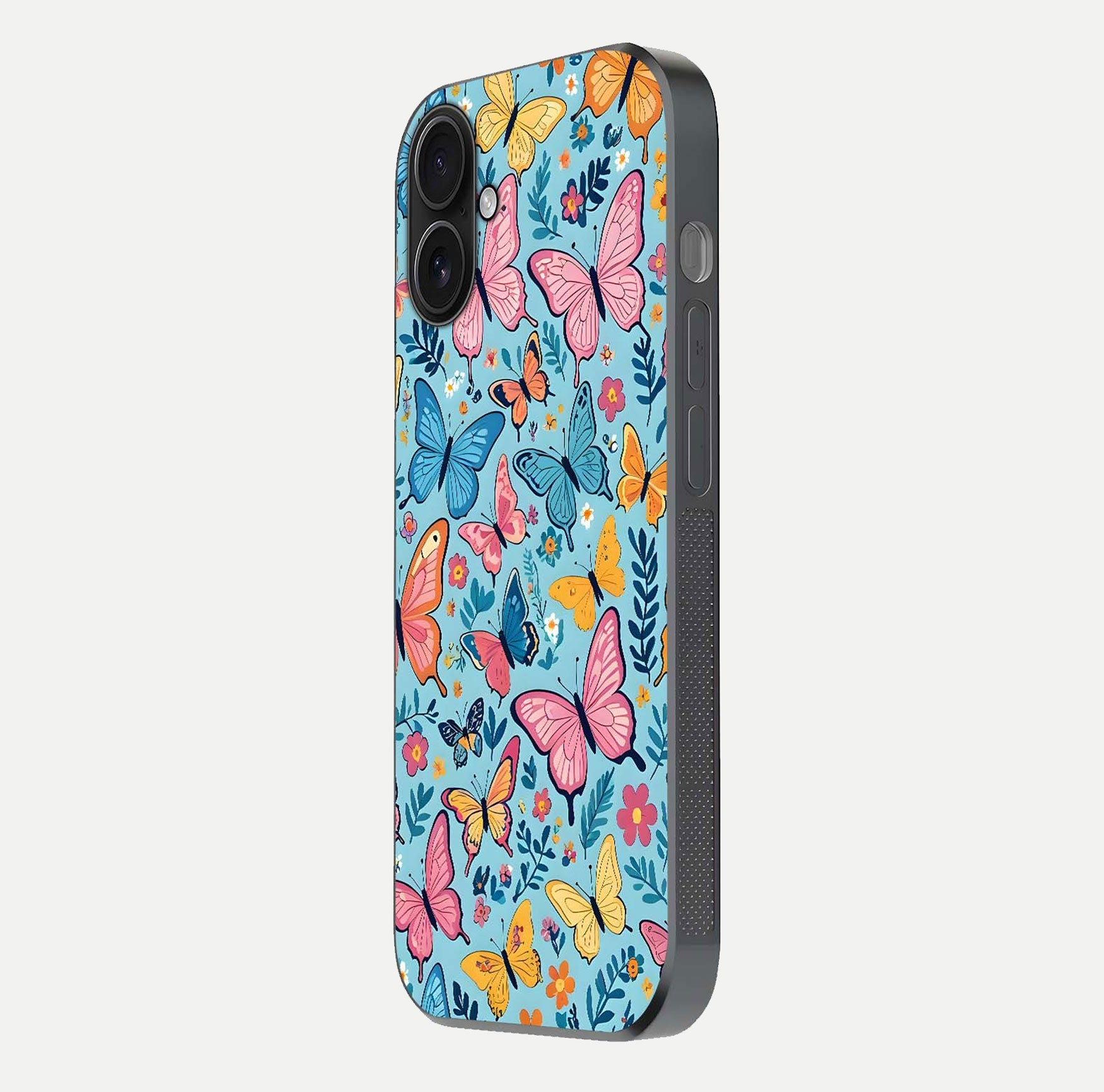 Spiritual Krishna Glass Case for iPhone 16 side-angle image showing reflection and vivid artwork clarity