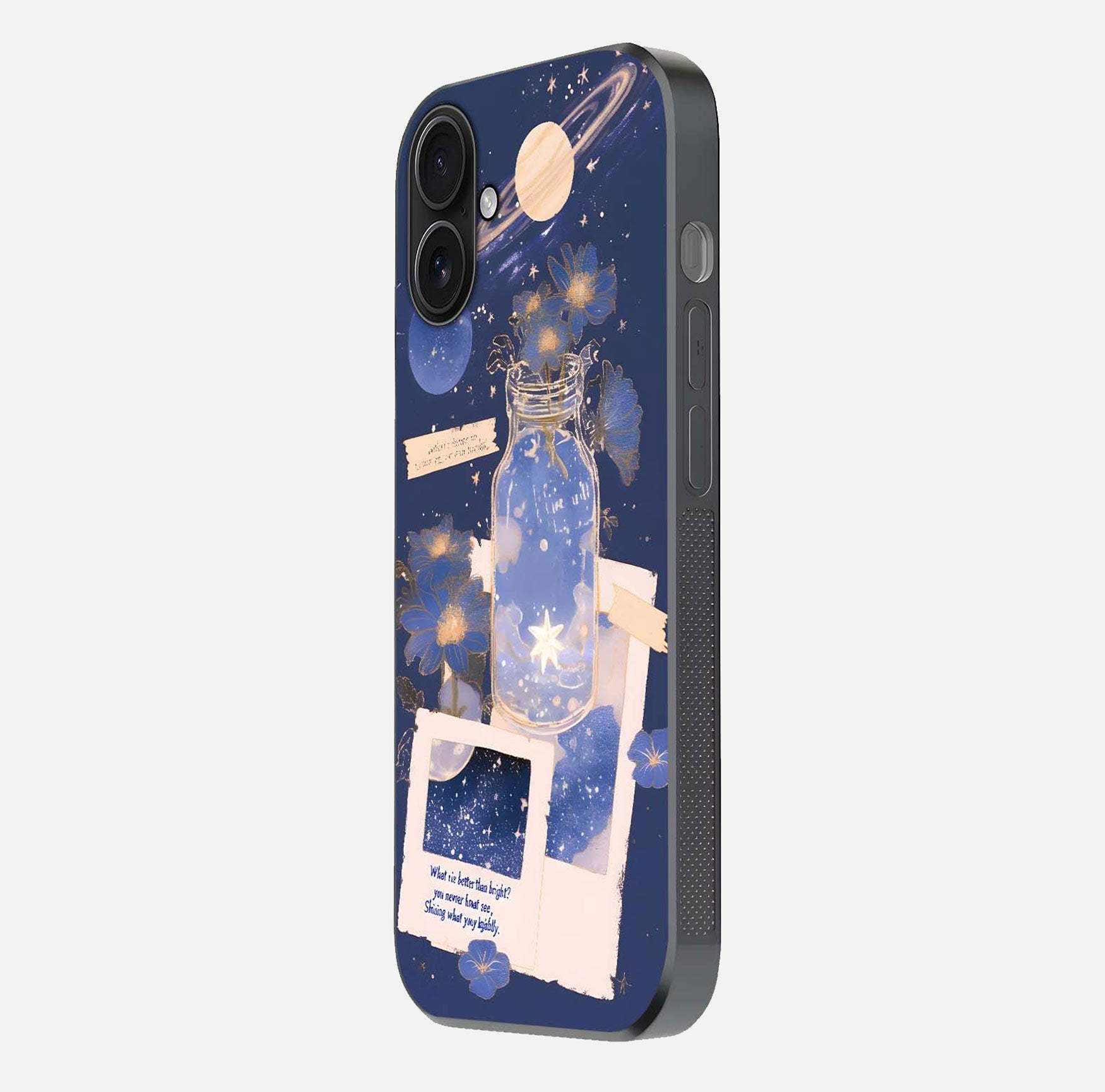 Starlit Cosmic Jar Glass Case for iPhone 16 side-angle image showing glow, texture, and light reflection
