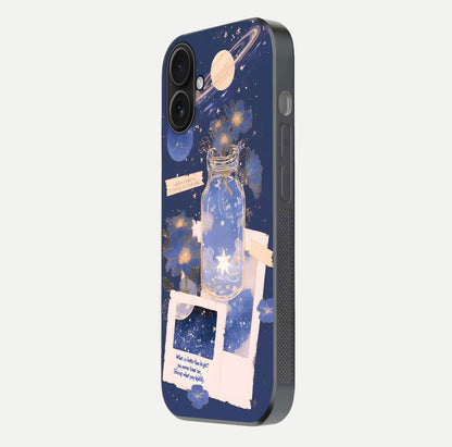 Starlit Cosmic Jar Glass Case for iPhone 16 side-angle image showing glow, texture, and light reflection