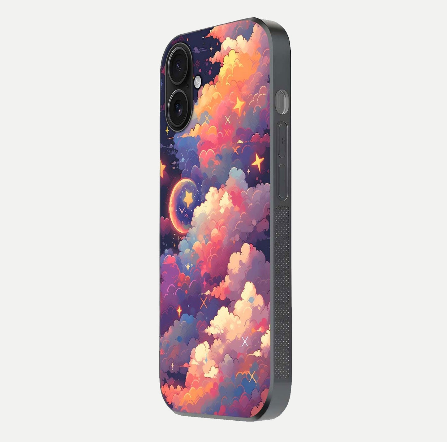 Starlit Dream Clouds Glass Case for iPhone 16 side-angle image showing shine, reflection, and dreamy tones