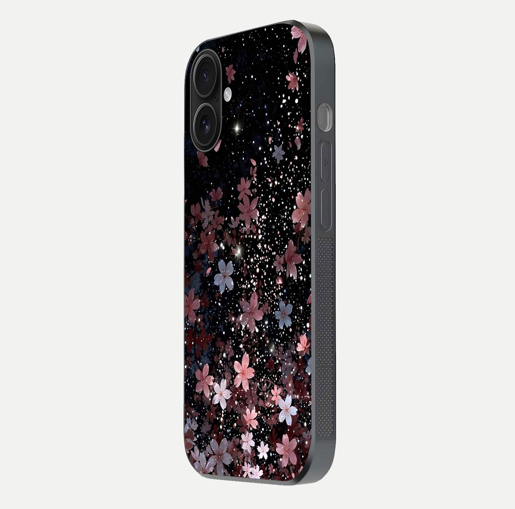 Starlit Flower Dreams Glass Case for iPhone 16 side-angle image showing shine, edge detail, and floral contrast