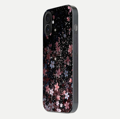 Starlit Flower Dreams Glass Case for iPhone 16 side-angle image showing shine, edge detail, and floral contrast
