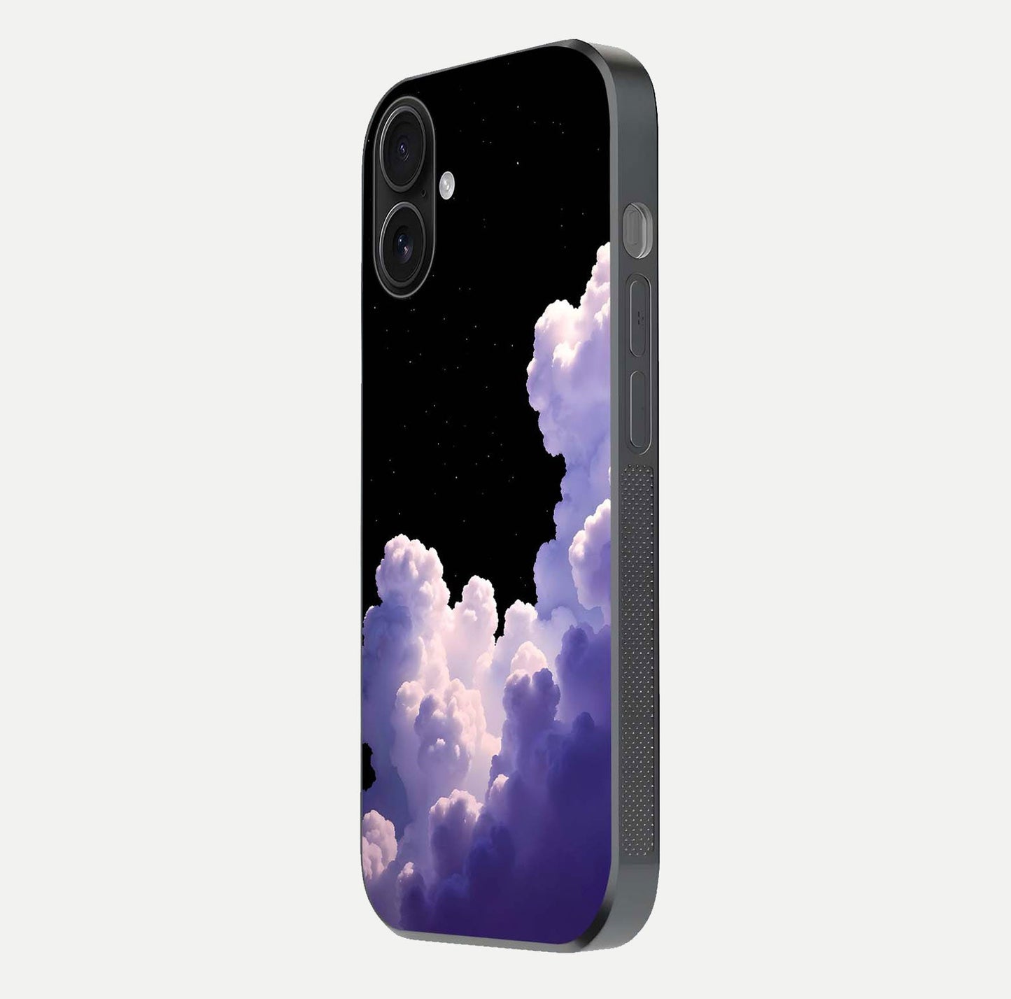 Starlit Night Whispers Glass Case for iPhone 16 side-angle image showing reflection and night pattern shine