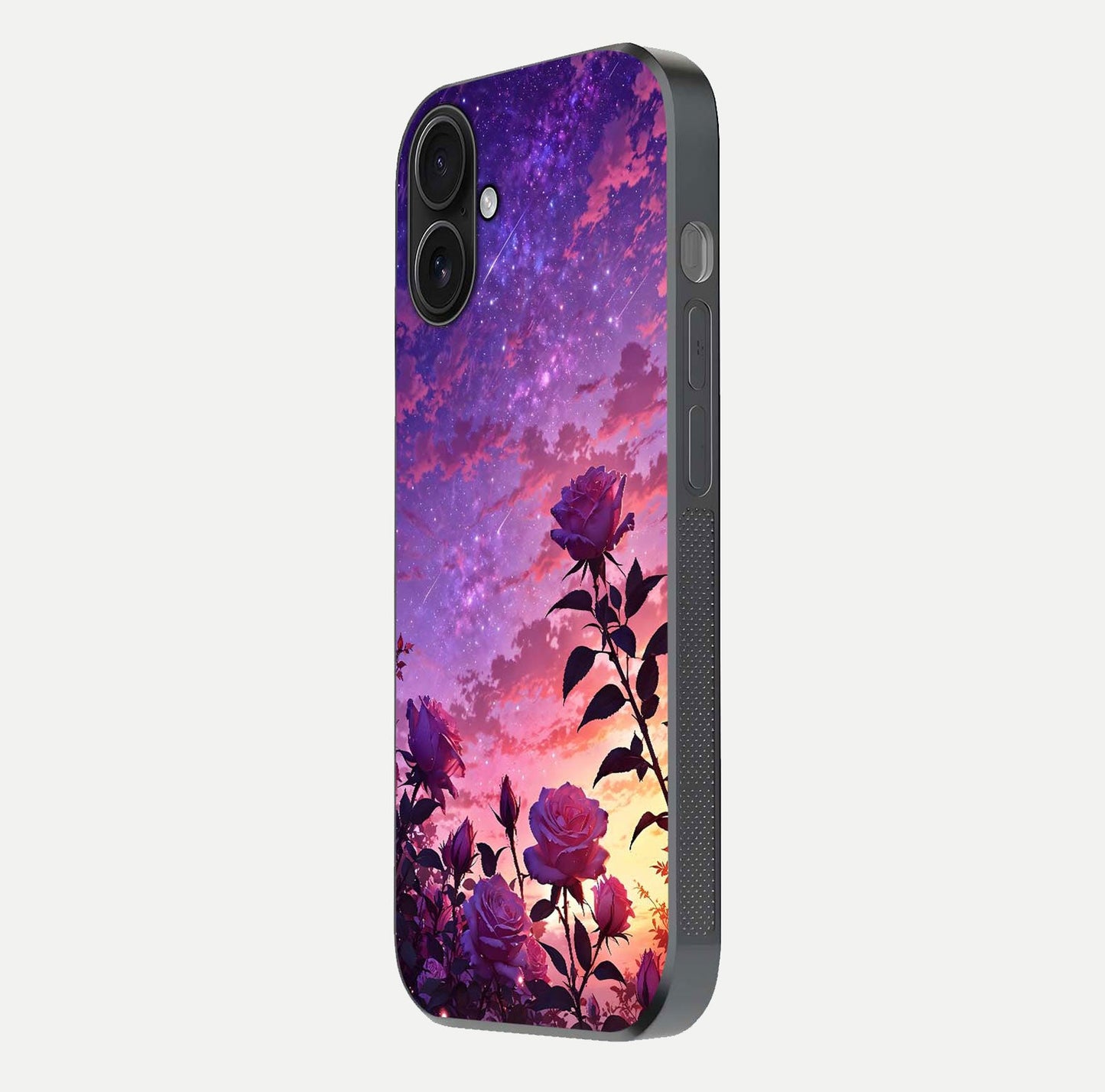 Starlit Rose Twilight Glass Case for iPhone 16 side-angle image showing reflection and petal contrast