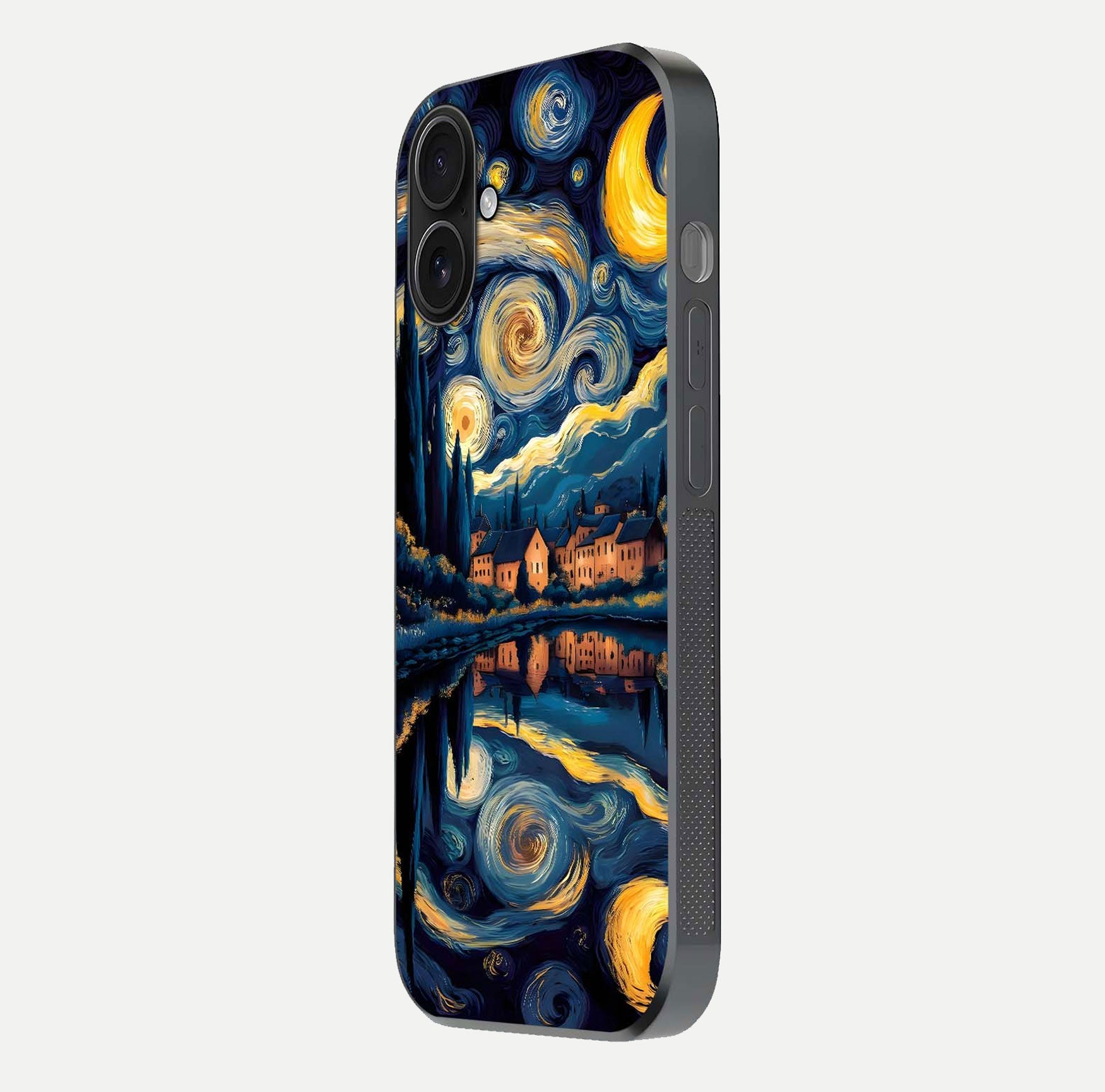 Starry Sky Serenity Glass Case for iPhone 16 side-angle image showing reflection and night-sky detail