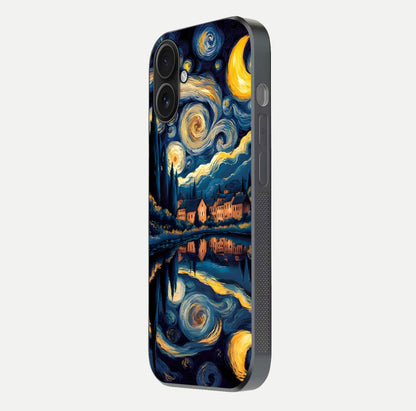 Starry Sky Serenity Glass Case for iPhone 16 side-angle image showing reflection and night-sky detail