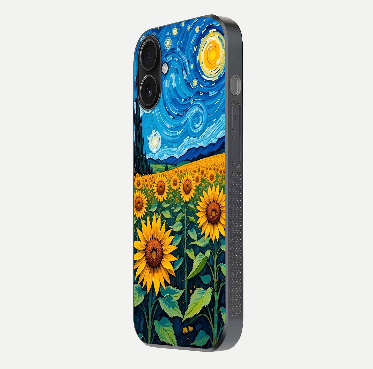 Starry Sunflower Dreams Glass Case for iPhone 16 side-angle image showing reflection, stars, and yellow tone