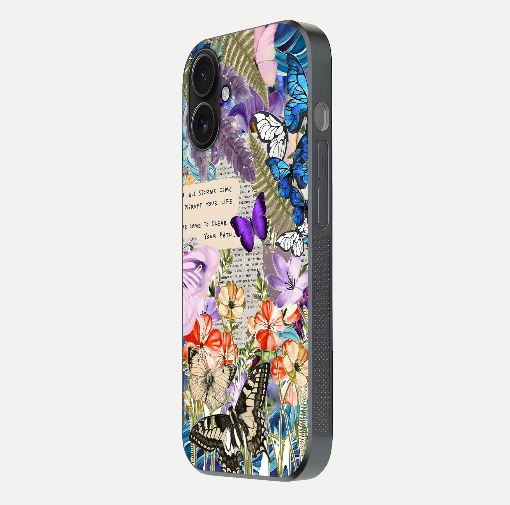 Storm Path Bloom Glass Case for iPhone 16 side-angle image showing reflection, color contrast, and shine