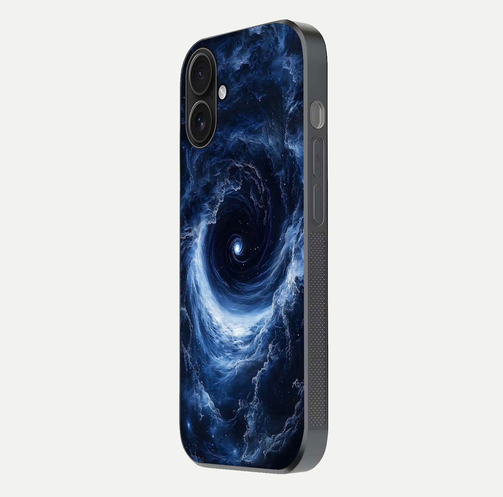Stunning Galaxy Glass Case for iPhone 16 side-angle image showing glossy reflection and space detailing