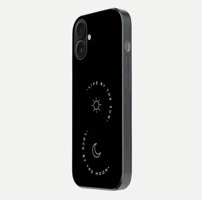 Sun Moon Balance Glass Case for iPhone 16 side-angle image showing reflection and celestial detailing