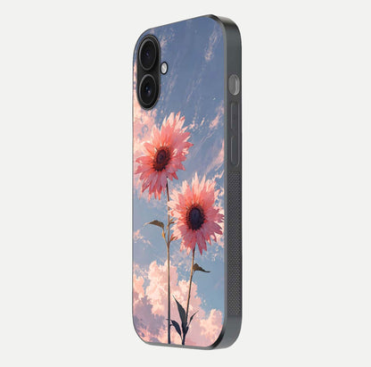 Sunlit Daisy Glow Glass Case for iPhone 16 side-angle image showing shine, gloss, and floral highlight