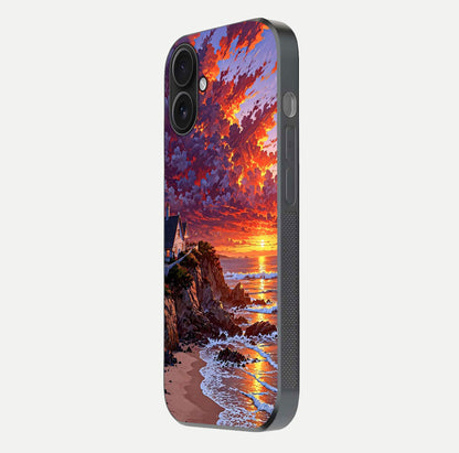 Sunset House by Sea Glass Case for iPhone 16 side-angle image showing reflection and seaside color tone