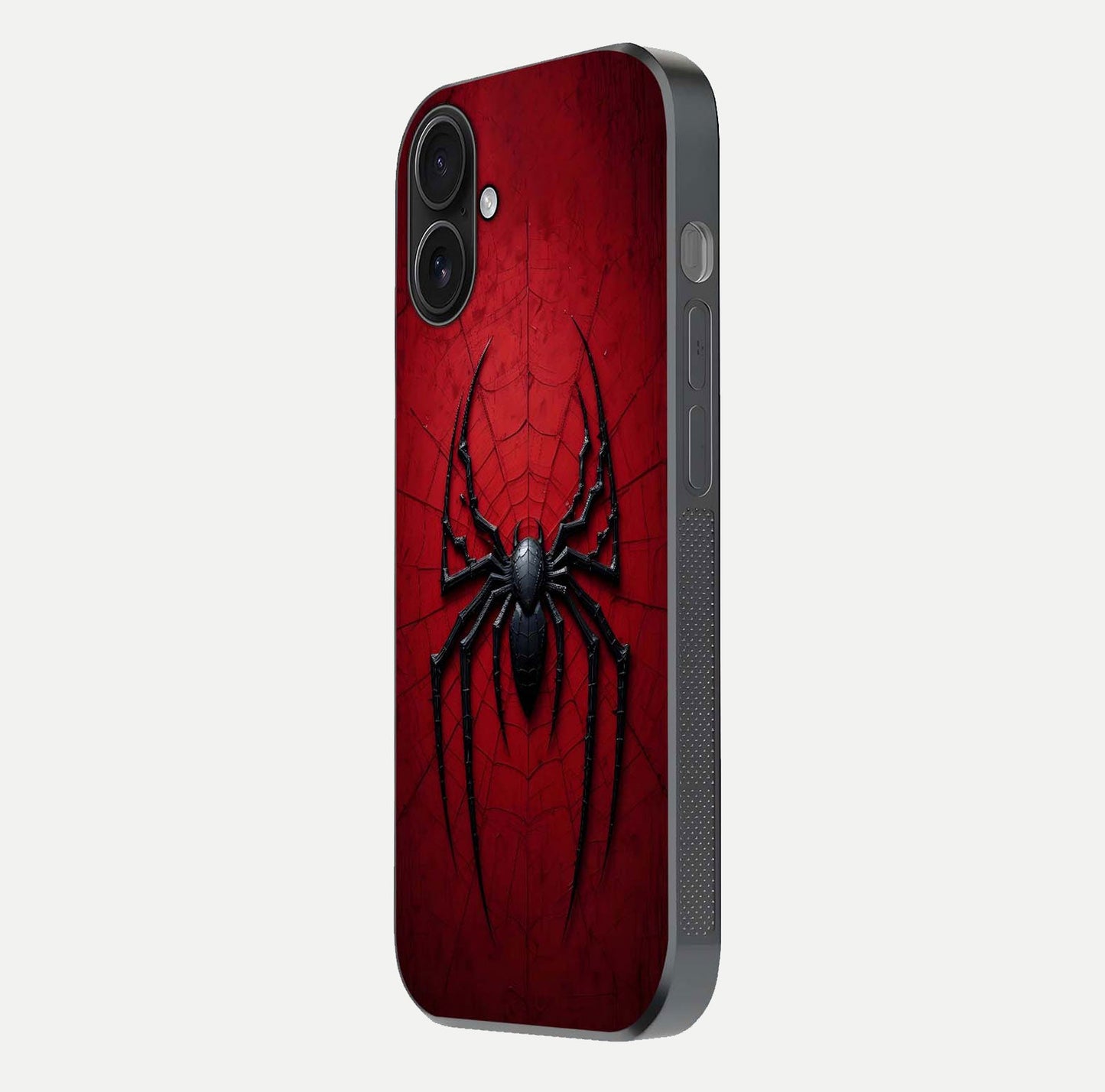 Venom Web Emblem Glass Case for iPhone 16 side-angle image showing reflection and dark color tones