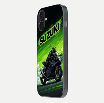 Suzuki Speed Beast Glass Case for iPhone 16 side-angle image showing reflection, gloss, and car detailing
